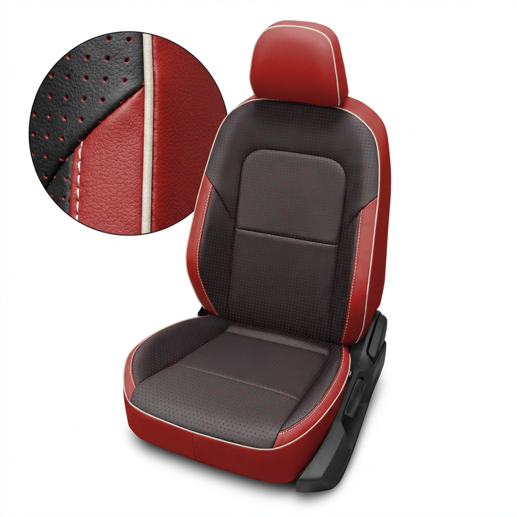 Red and black car seat cover with detailed stitching on a white background