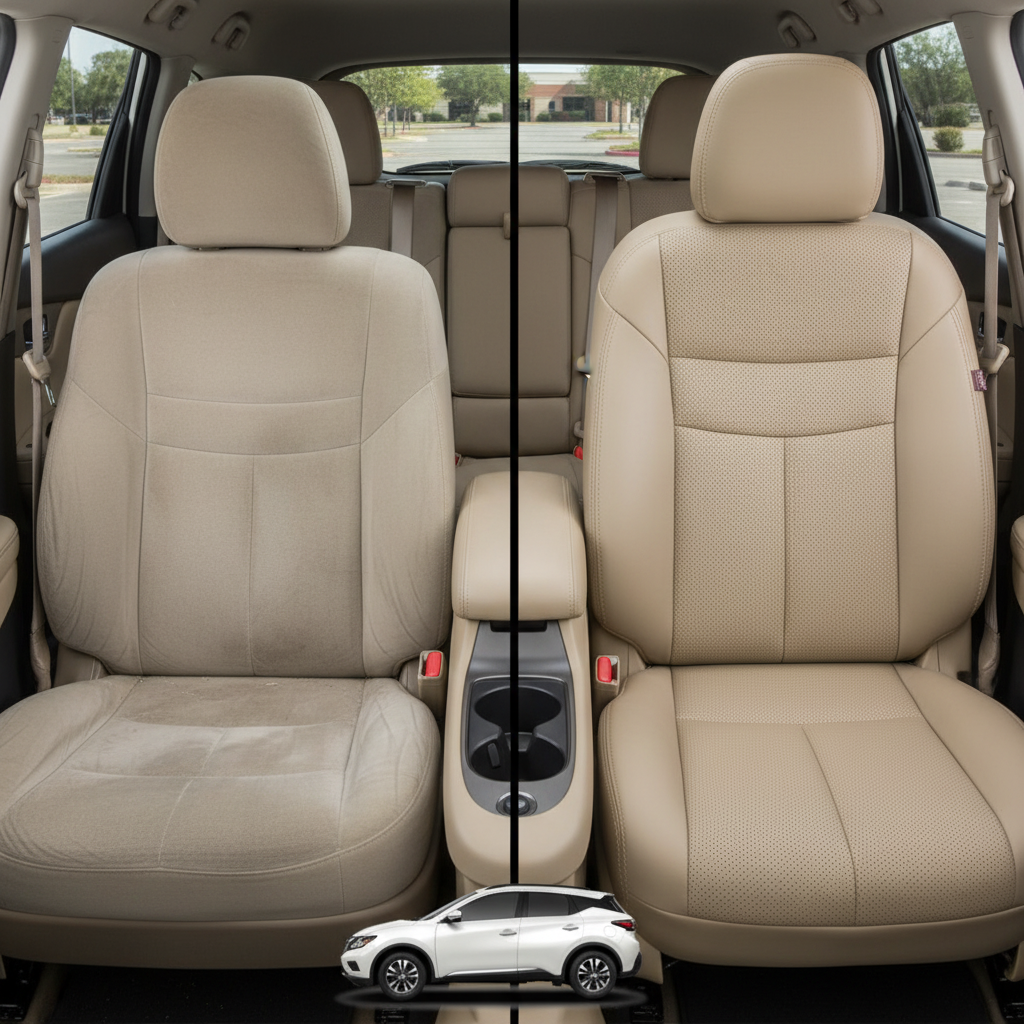 Before-and-after comparison of Nissan Murano S SV front seats, showing original cloth seat upgraded to perforated leather upholstery.
