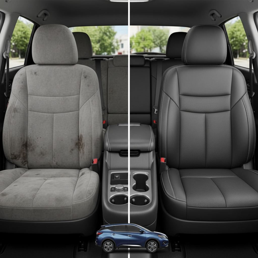 Before-and-after comparison of Nissan Murano S SV front seats, showing original cloth seat upgraded to perforated leather upholstery.
