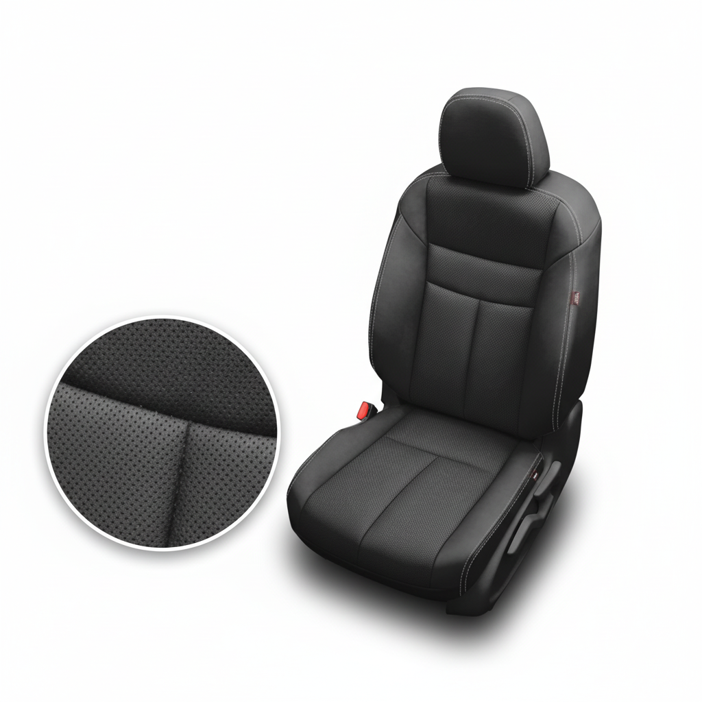 Black car seat cover with detailed texture on a white background