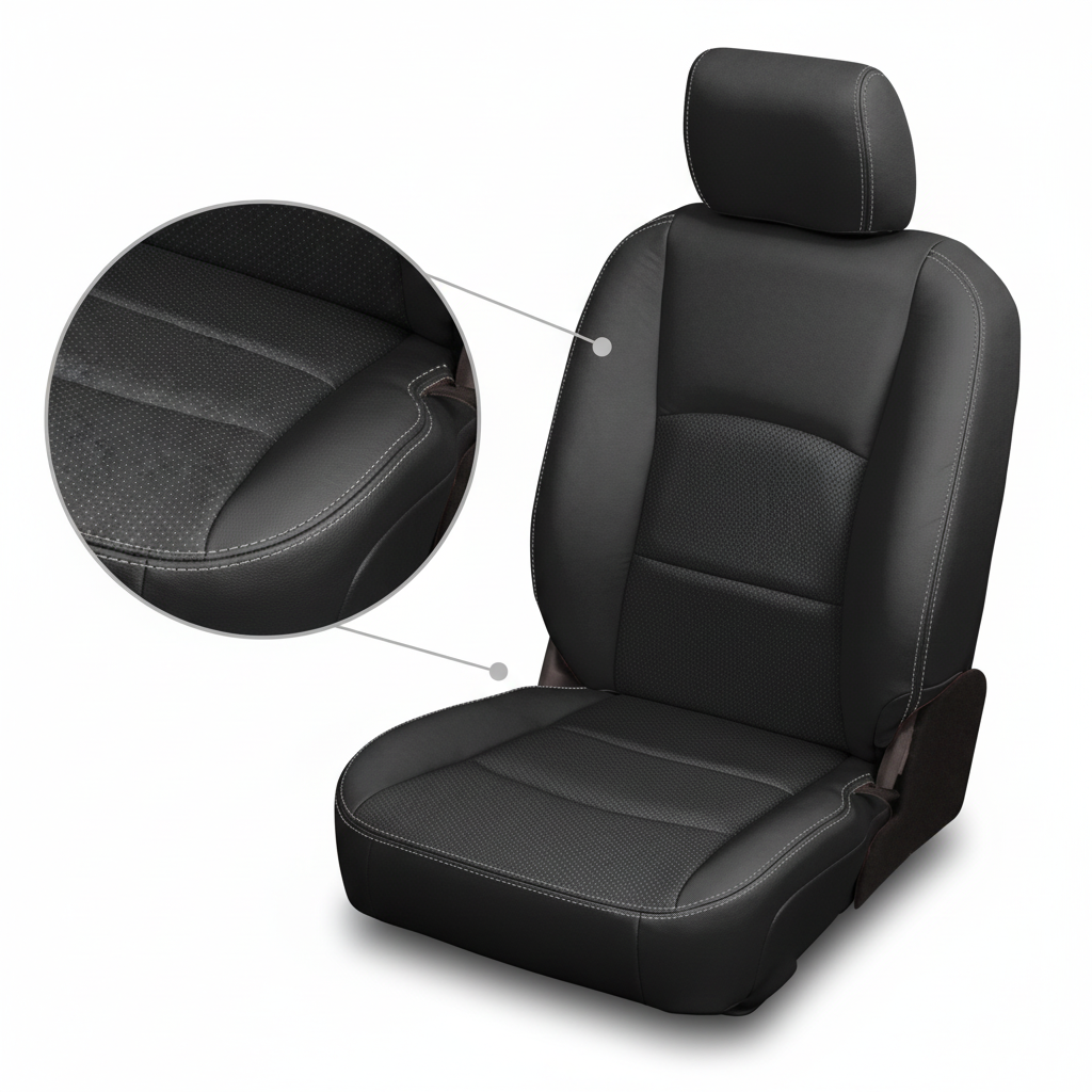 Close up black car seat cover with detailed view on a white background