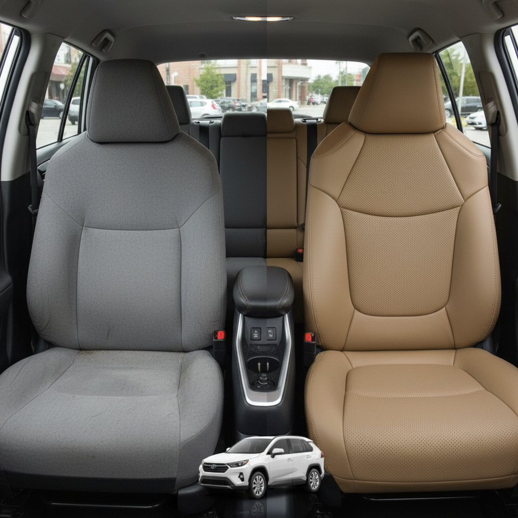 Before-and-after comparison of Toyota RAV4 front seats, showing original cloth seat upgraded to perforated leather upholstery.
