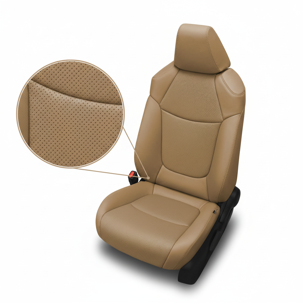 Beige car seat with detailed texture view on a white background