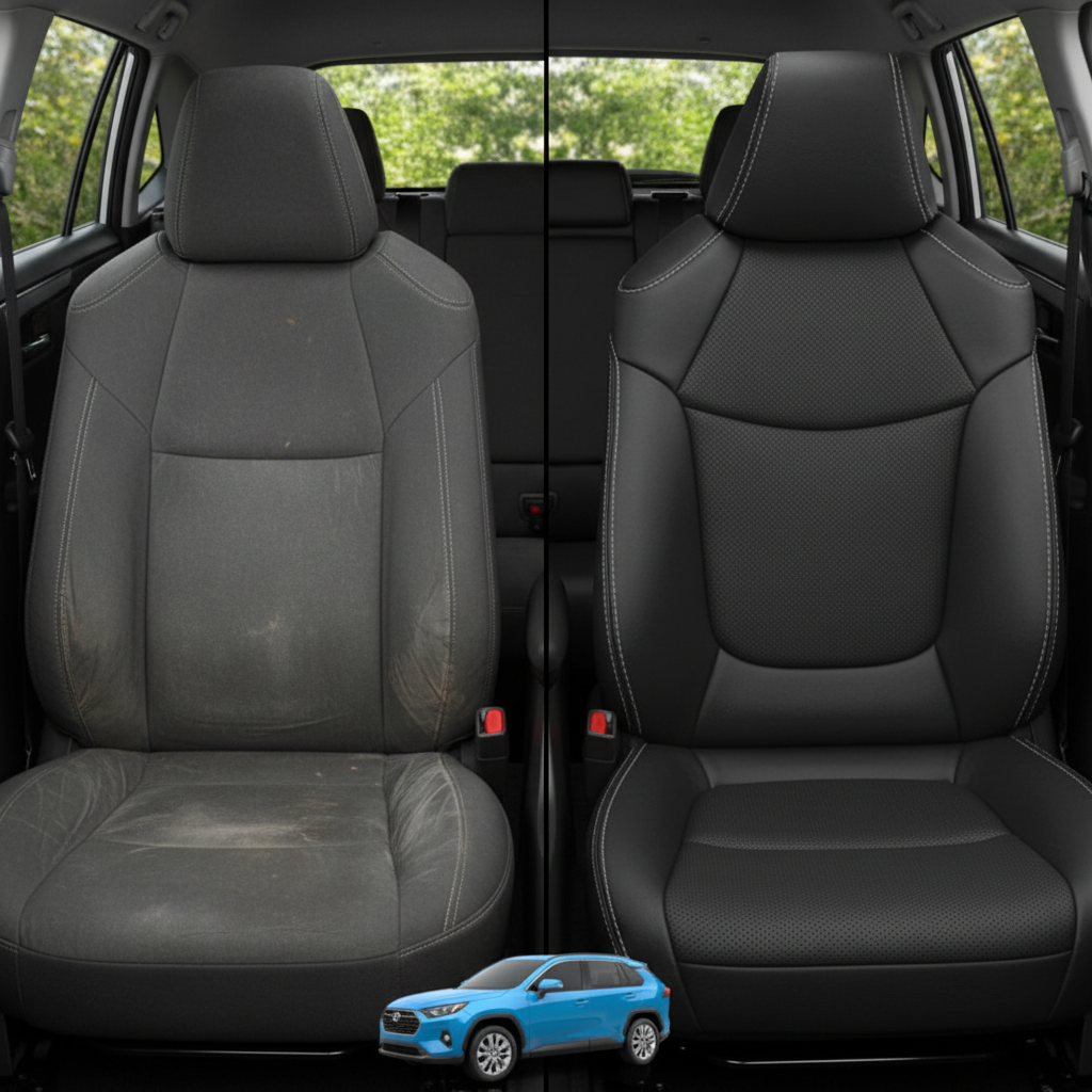 Before-and-after comparison of Toyota RAV4 LE XLE front seats, showing original cloth seat upgraded to perforated leather upholstery.
