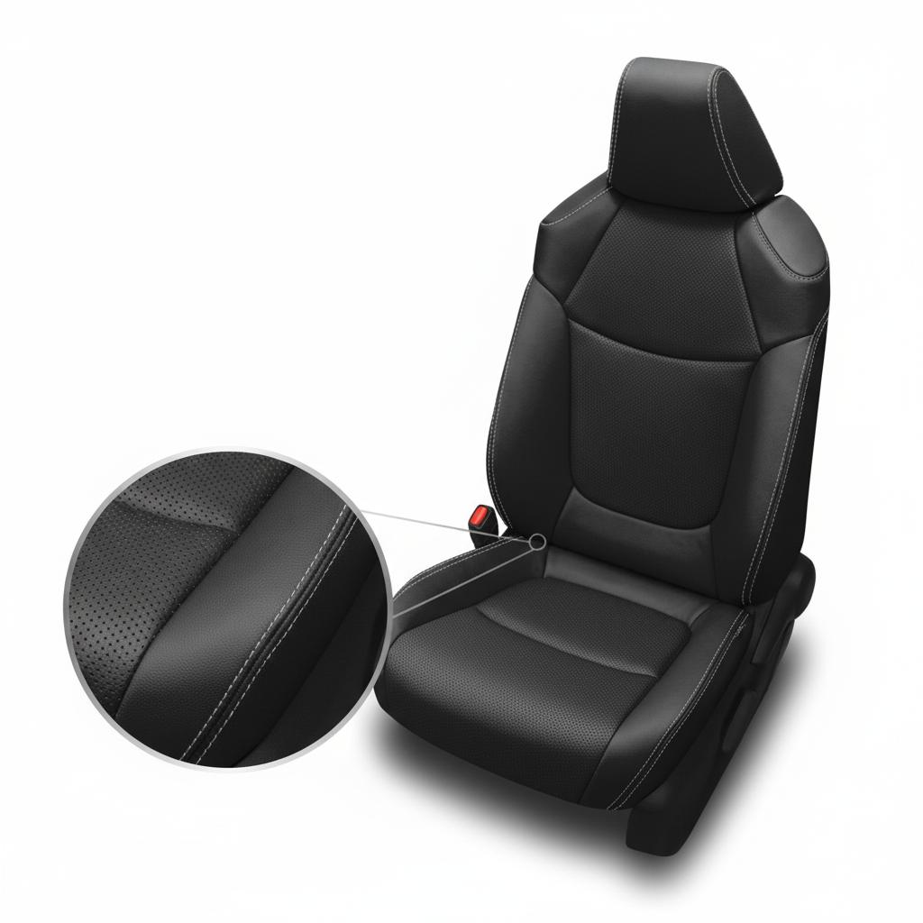 Black car seat with detailed view of stitching on a white background