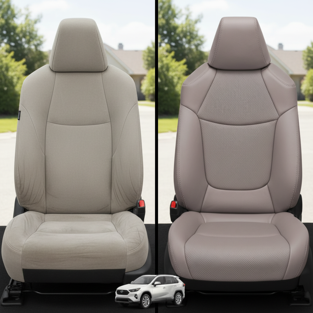 Before-and-after comparison of Toyota RAV4 LE XLE front seats, showing original cloth seat upgraded to perforated leather upholstery.
