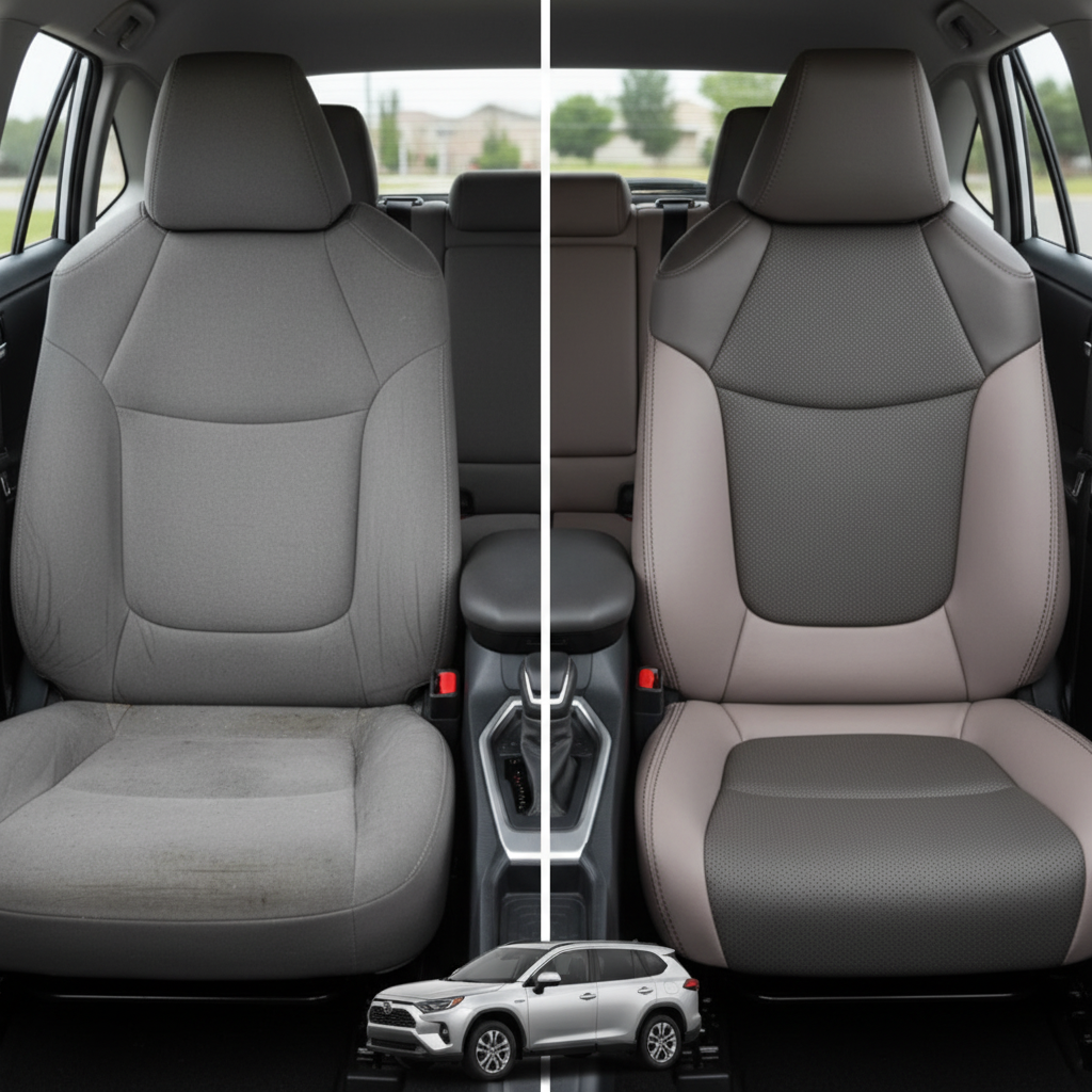 Before-and-after comparison of Toyota RAV4 LE XLE front seats, showing original cloth seat upgraded to perforated leather upholstery.
