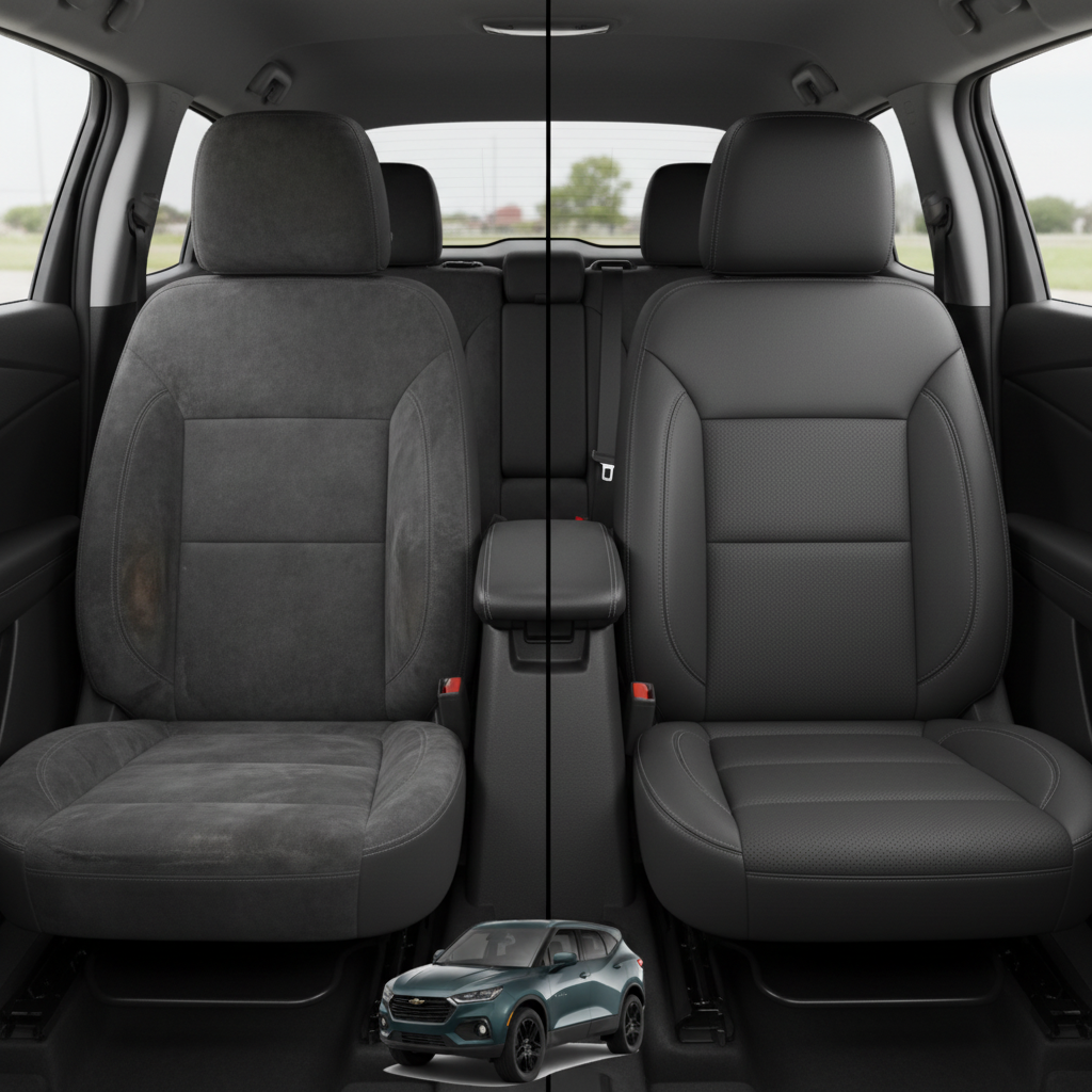 Before-and-after comparison of Chevrolet Blazer front seats, showing original cloth seat upgraded to perforated leather upholstery.
