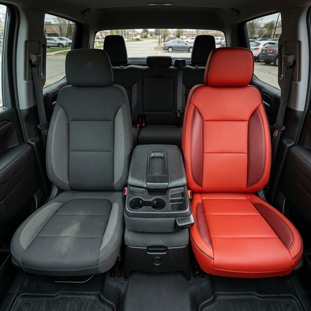  Before-and-after interior view of a 2019–2026 Chevrolet Silverado: left shows the original black cloth front seat, right shows the upgraded Leatherteck Deluxe seat cover in Salsa Red leather with perforated combo center panels, carbon fiber–style accent inserts, and black stitching with black piping.