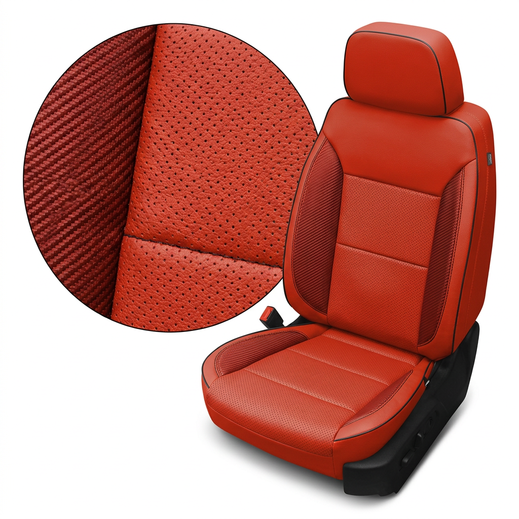 Close-up of Leatherteck Deluxe seat cover for a 2019–2026 Chevrolet Silverado in Salsa Red, showing perforated combo center inserts, carbon fiber–style accent side panels, plus black stitching and black piping, with an inset detail highlighting the perforation and textured accent material on a white background.

