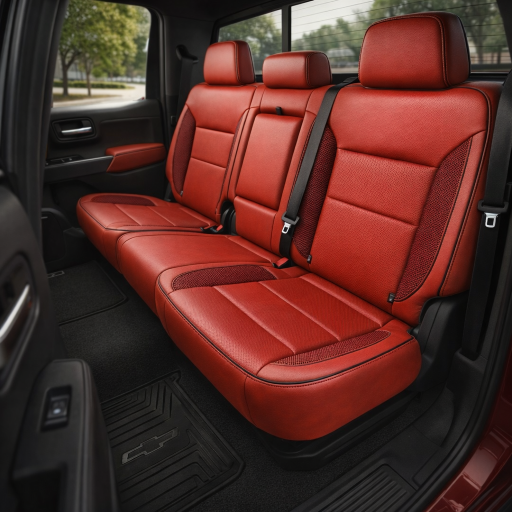Rear in-cabin view of a 2019–2026 Chevrolet Silverado with Leatherteck Deluxe seat covers in Salsa Red leather, featuring perforated combo inserts, carbon fiber–style accent panels on the outer sections, and black stitching with black piping across the rear bench and headrests.