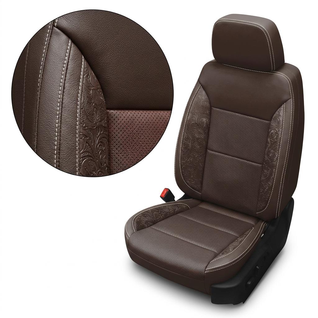 Rear in-cabin view of a 2019–2026 Chevrolet Silverado (New Body Style) featuring a Leatherteck rear bench seat upholstered in coffee brown leather with western floral brown accent panels and pearl white contrast stitching, showing three headrests, seatbelts, the rear door panel, and floor mat.