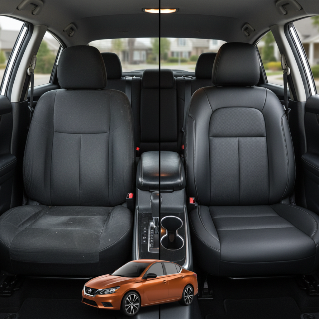 Before-and-after comparison of Nissan Altima front seats, showing original cloth seat upgraded to perforated leather upholstery.
