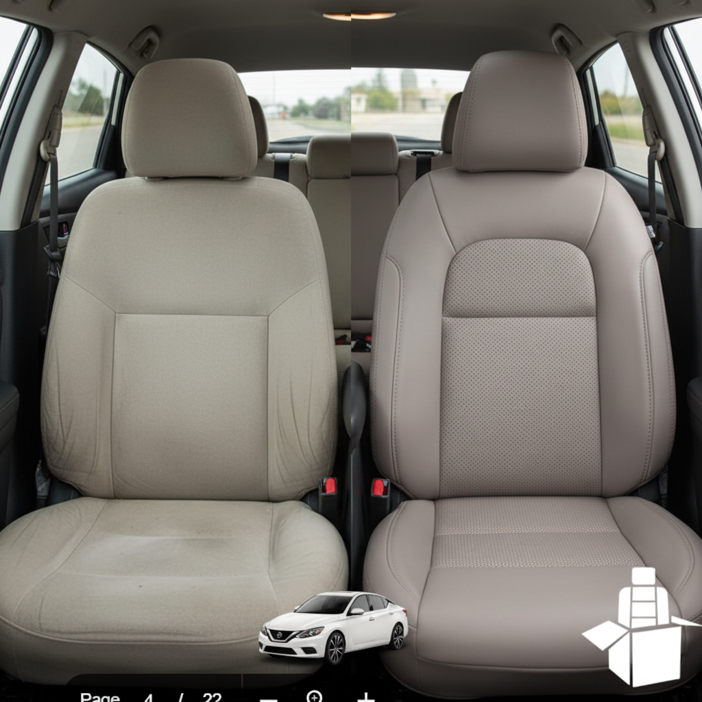 Before-and-after comparison of Nissan Altima front seats, showing original cloth seat upgraded to perforated leather upholstery.
