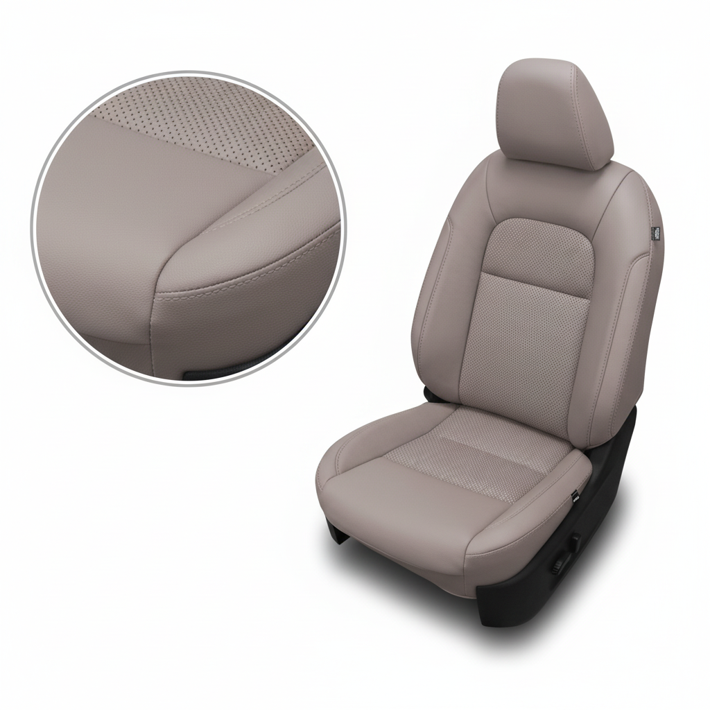 Beige car seat cover with detailed texture on a white background