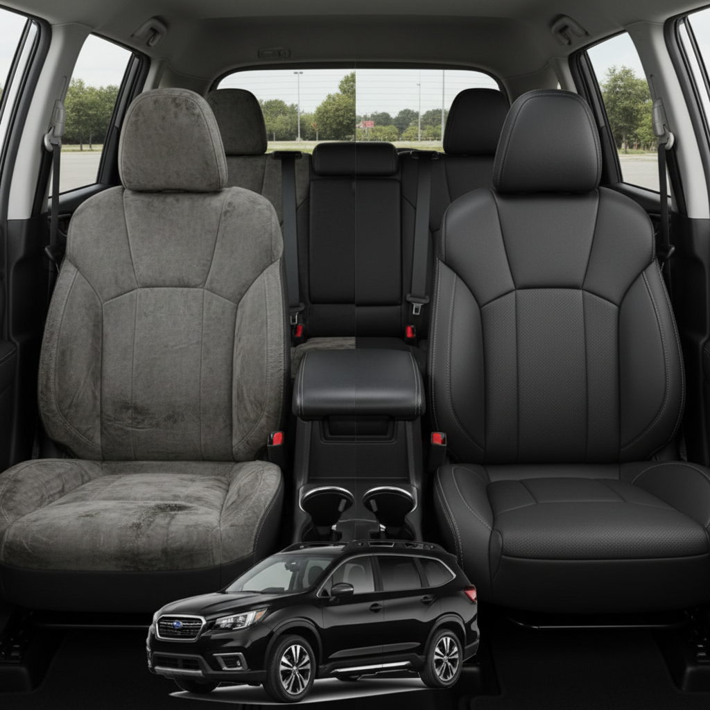 Before-and-after comparison of Subaru Ascent front seats, showing original cloth seat upgraded to perforated leather upholstery.
