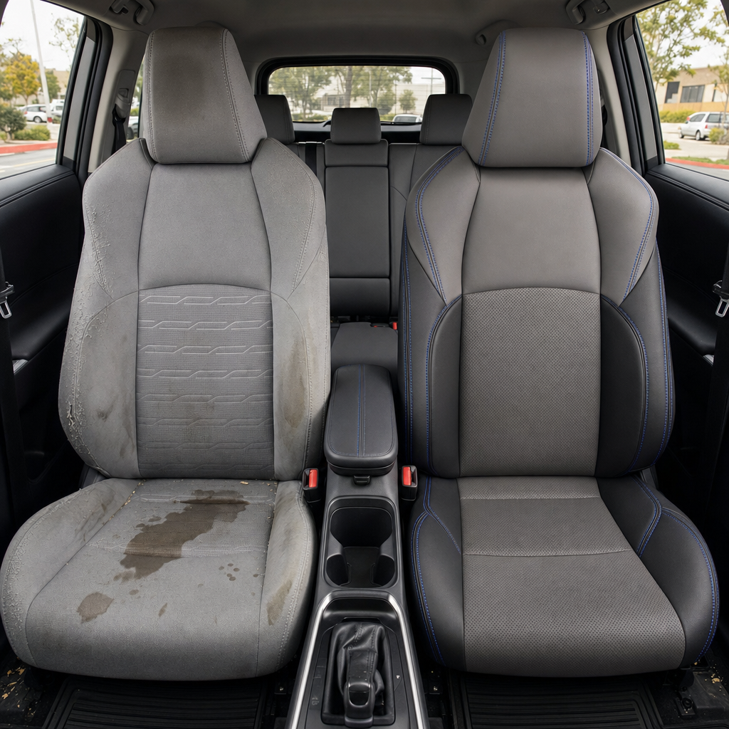 Before-and-after front in-cabin view of a 2019–2025 Toyota RAV4 XSE Hybrid: left shows the original, heavily worn and stained cloth front seat, while right shows the upgraded LeatherTeck Leather Seat Upholstery Kit in Black with Ash Gray perforated center inserts and Cobalt Blue stitching, with the center console and cupholders visible between them.