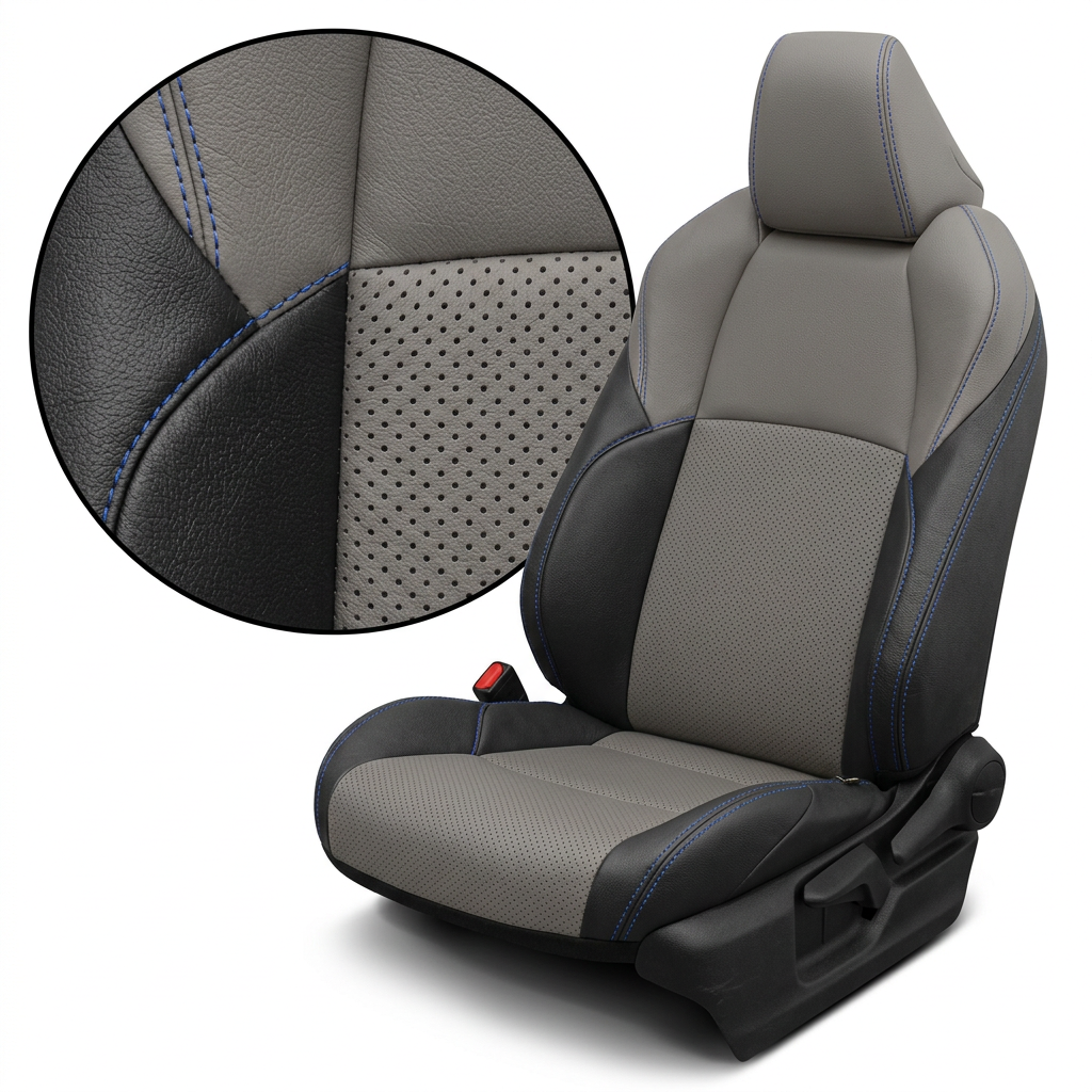 Close-up product image of a 2019–2025 Toyota RAV4 XSE Hybrid LeatherTeck Leather Seat Upholstery Kit on a white background, featuring Black leather bolsters with Ash Gray perforated center inserts and Cobalt Blue stitching; a circular zoom inset highlights the perforation pattern and stitch detail along the panel seam.