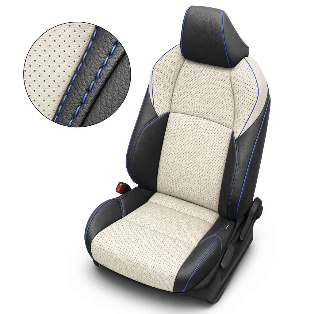 Close up of LeatherTeck Black leather upholstery with Pearl White perforated body inserts and Cobalt Blue contrast stitching and piping on a 2019-2025 Toyota RAV4 XSE Hybrid seat