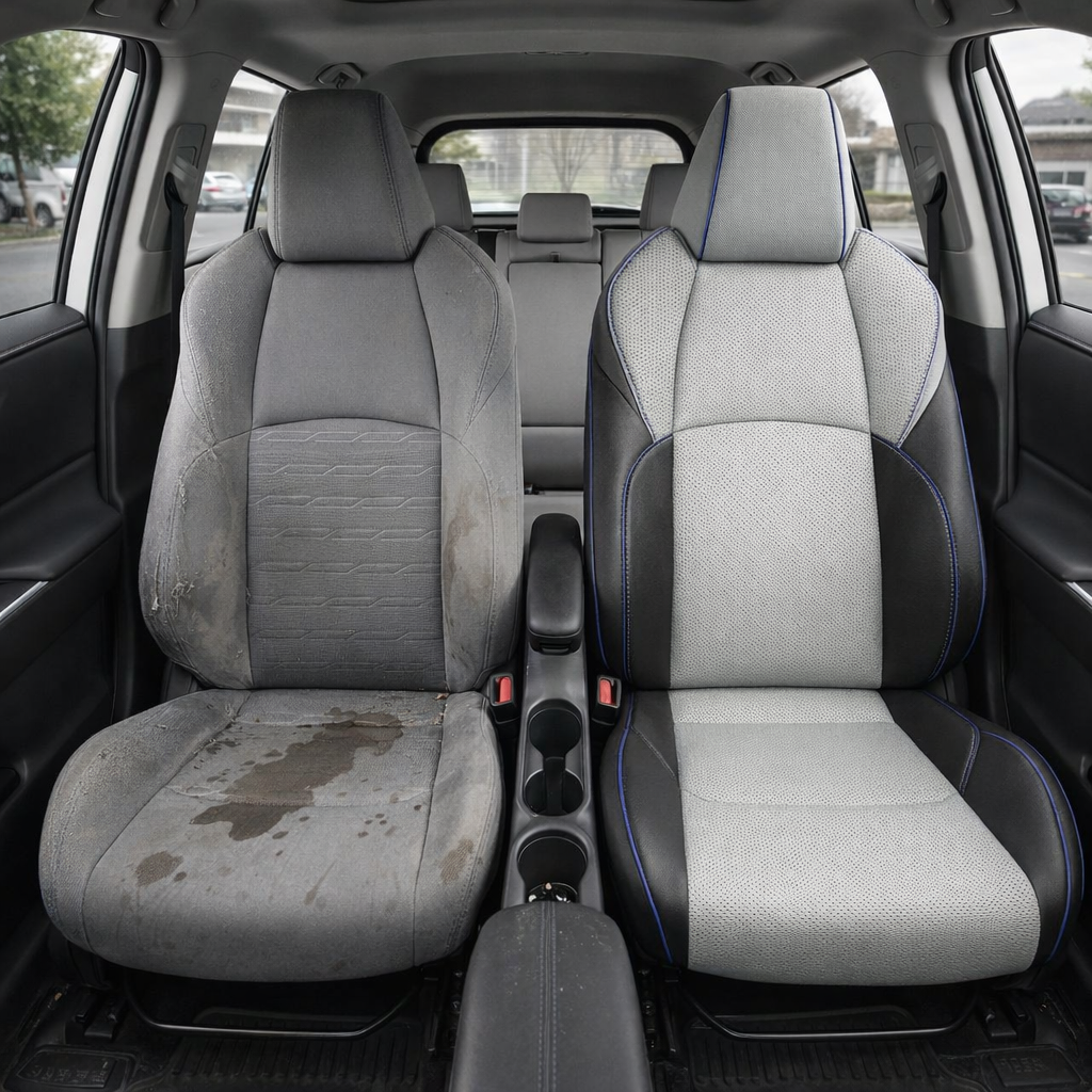 Before and after comparison of a 2019-2025 Toyota RAV4 XSE Hybrid seat reupholstered by LeatherTeck in Black leather with Cement Gray center inserts and Cobalt Blue piping