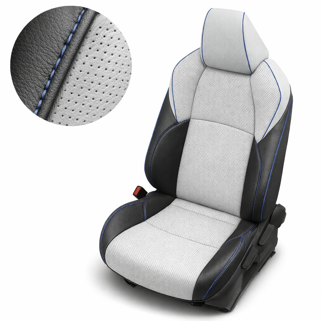 Close up of LeatherTeck Black leather upholstery with Cement Gray center inserts, perforated body panels, and Cobalt Blue contrast stitching and piping on a 2019-2025 Toyota RAV4 XSE Hybrid seat