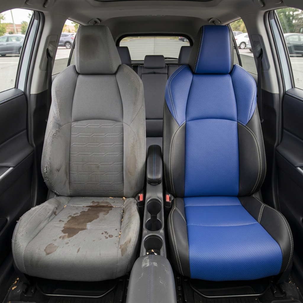 Before and after comparison of a 2019-2025 Toyota RAV4 XSE Hybrid seat reupholstered by LeatherTeck in Black leather with Cobalt Blue center inserts and Pearl White stitching