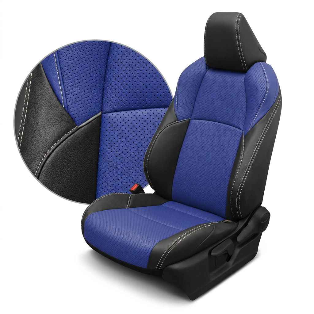 Close up of LeatherTeck Black leather upholstery with Cobalt Blue center inserts and Pearl White contrast stitching on a 2019-2025 Toyota RAV4 XSE Hybrid seat
