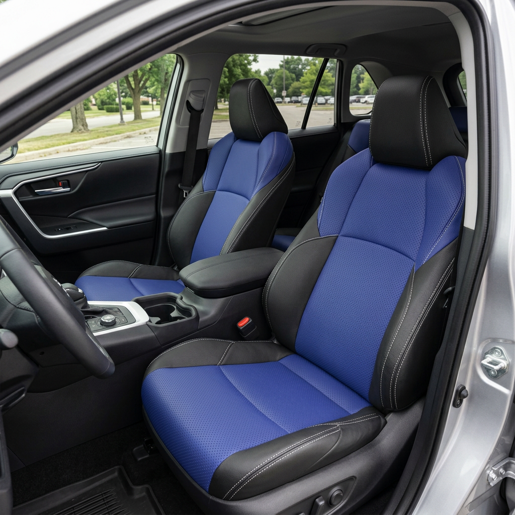 Front view in cabin of a 2019-2025 Toyota RAV4 XSE Hybrid with LeatherTeck Black leather seats featuring Cobalt Blue center inserts and Pearl White stitching