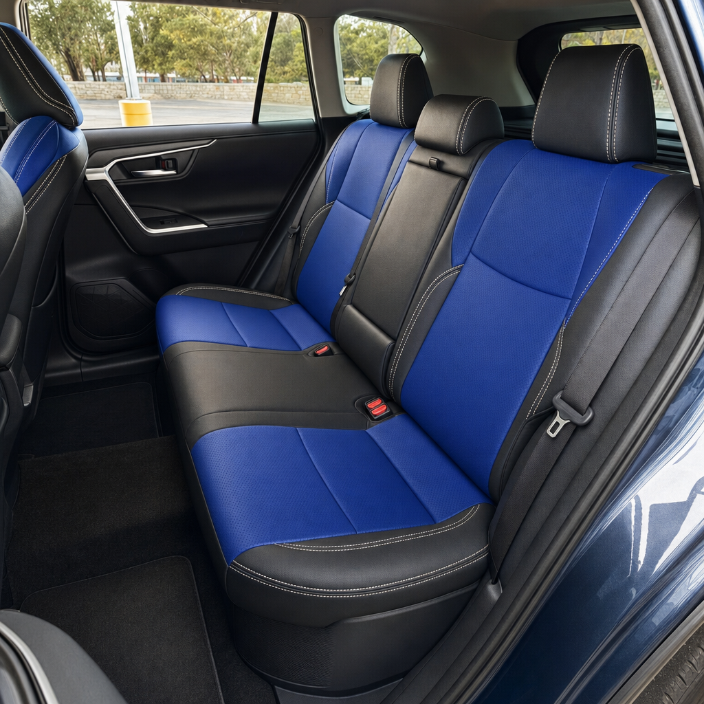 Rear view in cabin of a 2019-2025 Toyota RAV4 XSE Hybrid with LeatherTeck Black leather seats featuring Cobalt Blue center inserts and Pearl White stitching