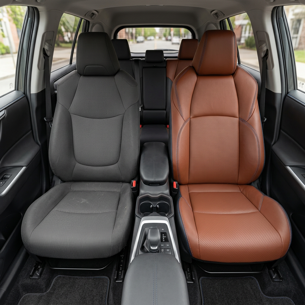Before and after comparison of a 2019-2025 Toyota RAV4 XSE Hybrid seat reupholstered by LeatherTeck in Black leather with Cognac Brown perforated panels