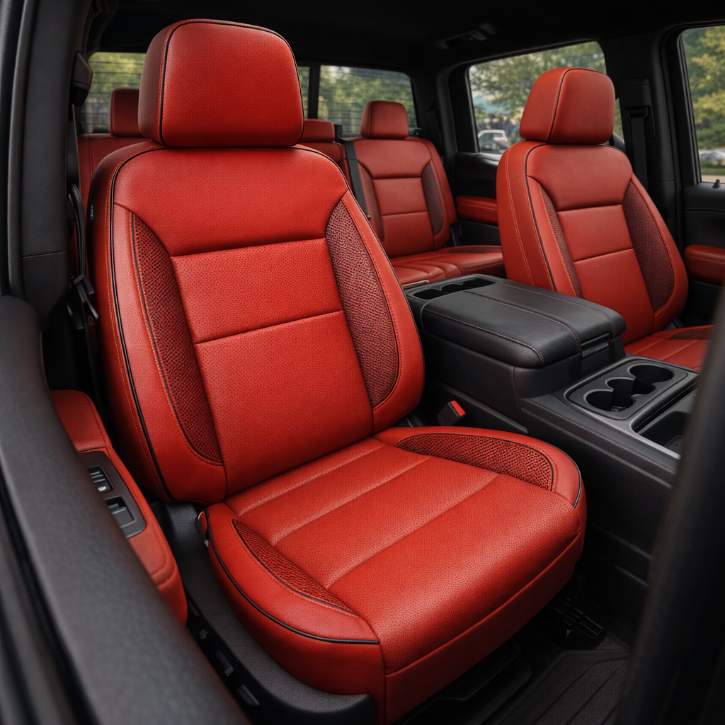 Front in-cabin view of a 2019–2026 Chevrolet Silverado with Leatherteck Deluxe seat covers installed in Salsa Red leather, featuring perforated combo inserts, carbon fiber–style accent side panels, and black stitching with black piping on the front buckets and rear seat.