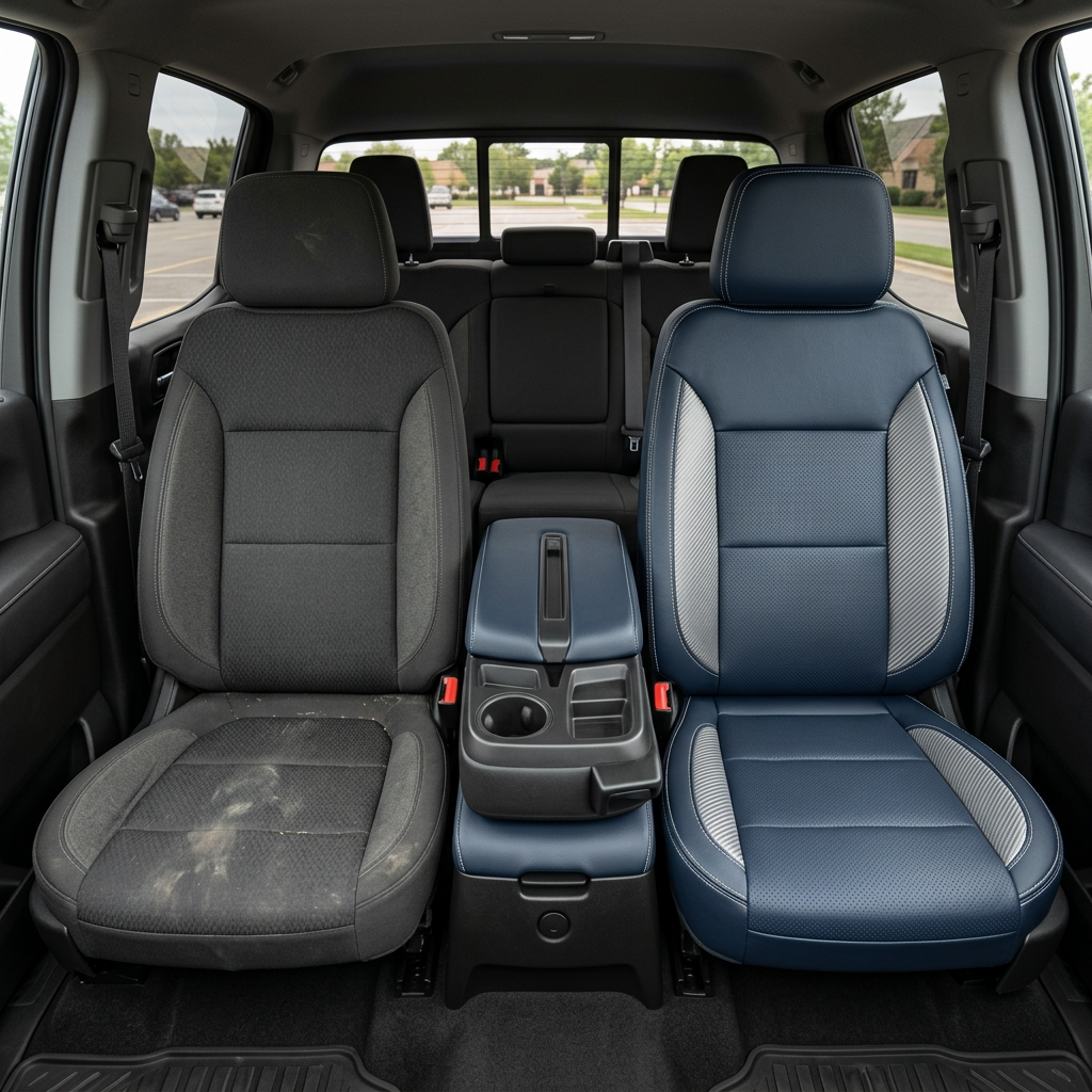 Before-and-after interior view of a 2019–2026 Chevrolet Silverado (New Body Style): left shows the factory dark cloth front seat, right shows the upgraded Leatherteck seat upholstery in Atlantic Blue with silver carbon fiber–style accent panels and contrast stitching, viewed from inside the cabin.