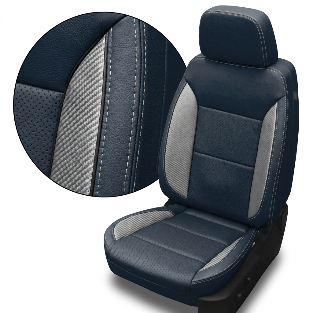  Close-up of the Leatherteck seat upholstery for a 2019–2026 Chevrolet Silverado (New Body Style) in Atlantic Blue, showing silver carbon fiber–style accent inserts, perforated center panels, and contrast stitching on the seat and headrest.