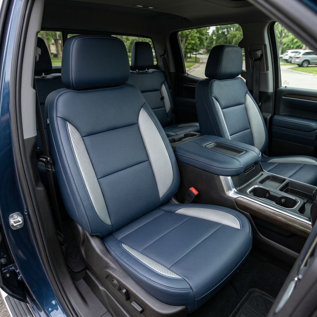  Front in-cabin view of a 2019–2026 Chevrolet Silverado (New Body Style) featuring Leatherteck seat upholstery in Atlantic Blue, with silver carbon fiber–style accent panels and contrast stitching on the front bucket seats and headrests.

