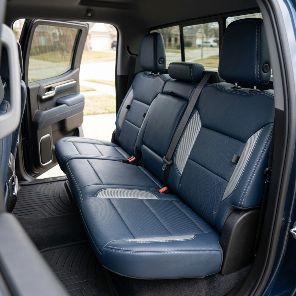  Rear in-cabin view of a 2019–2026 Chevrolet Silverado (New Body Style) with Leatherteck seat upholstery in Atlantic Blue, featuring silver carbon fiber–style accent inserts and contrast stitching across the rear bench seatbacks, cushions, and headrests.