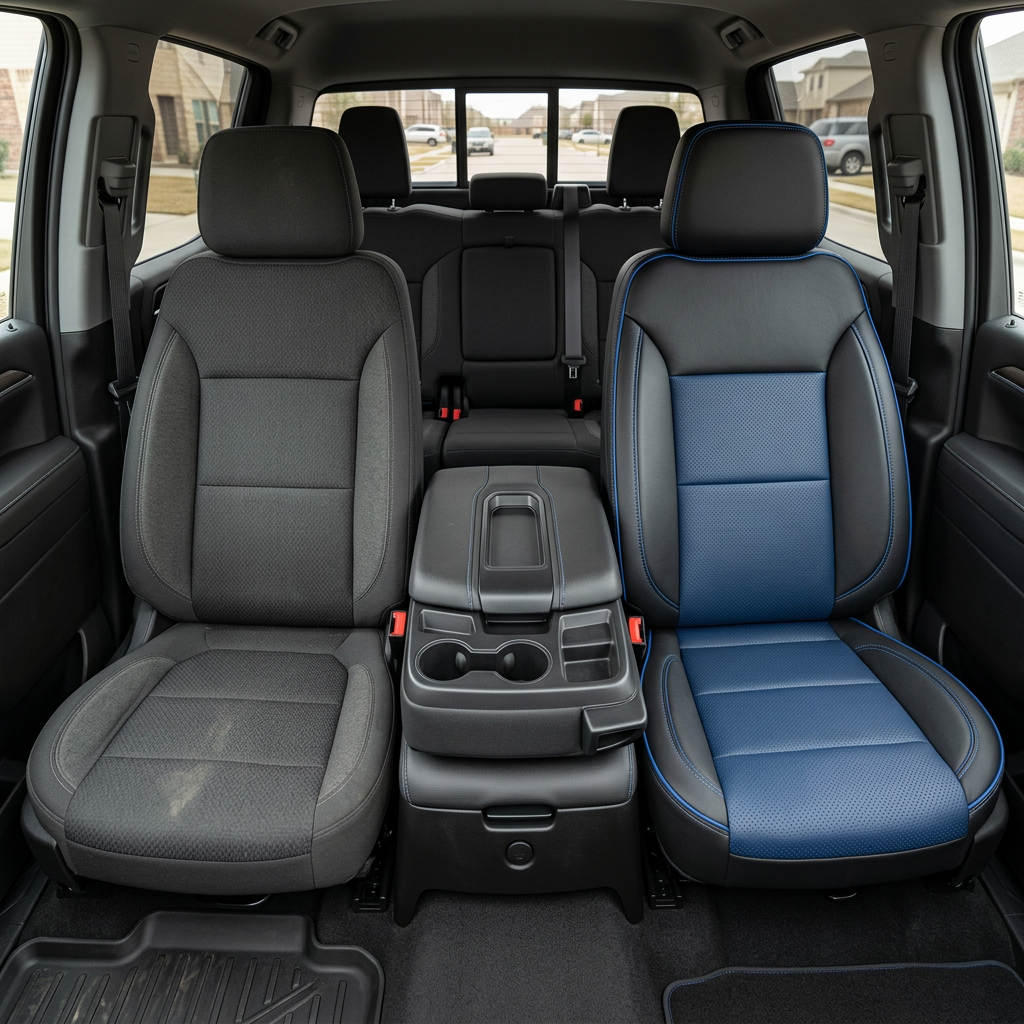 Before-and-after front in-cabin view of a 2019–2026 Chevrolet Silverado (New Body Style): the left front seat shows original dark cloth upholstery, while the right front seat is upgraded with Leatherteck black leather, Atlantic blue perforated center inserts, and silver contrast stitching.

