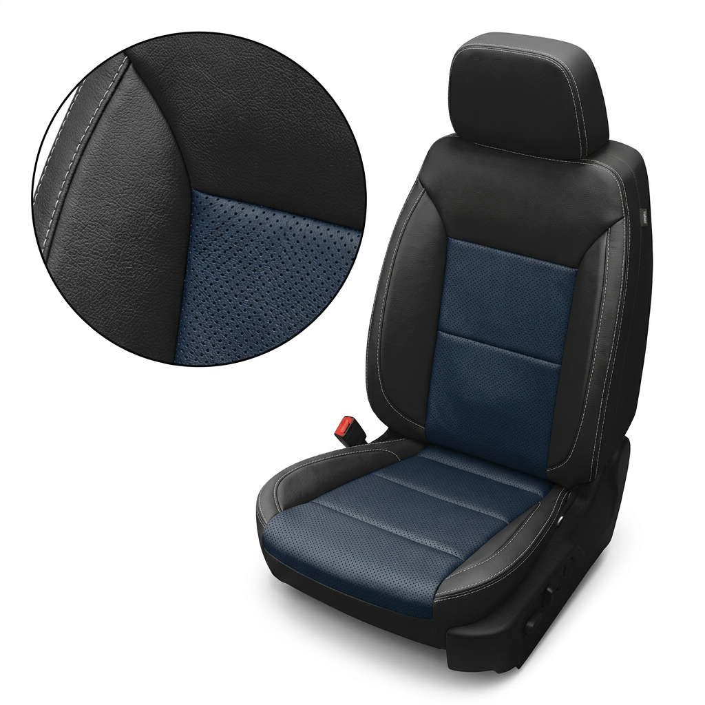 Close-up of the 2019–2026 Chevrolet Silverado (New Body Style) Leatherteck seat upholstery showing black leather bolsters, Atlantic blue perforated inserts, and silver contrast stitching, with an inset highlighting the leather grain and perforation detail.