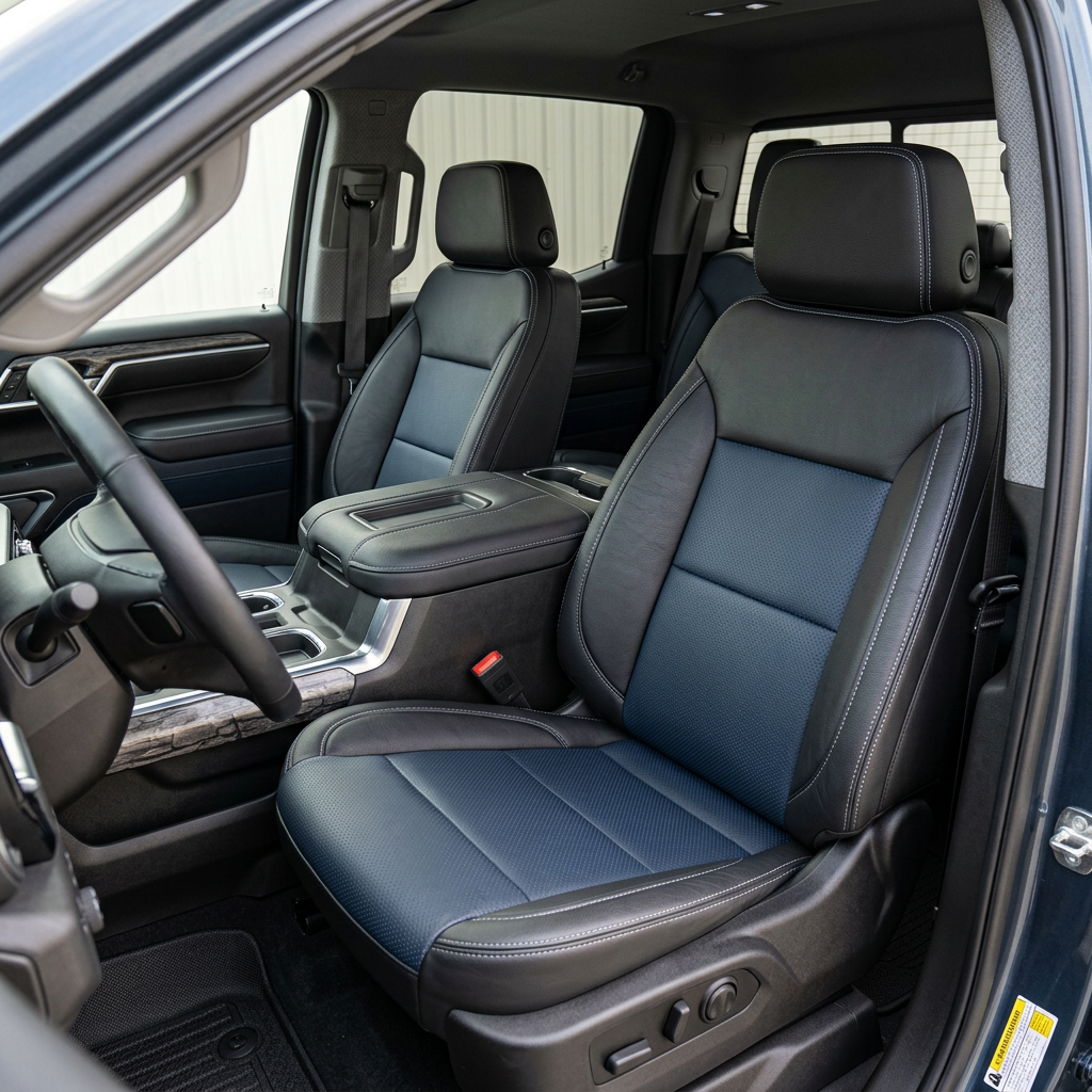  Front in-cabin view of a 2019–2026 Chevrolet Silverado (New Body Style) with upgraded Leatherteck black leather front bucket seats featuring Atlantic blue perforated inserts and silver contrast stitching, shown with the center console and steering wheel.