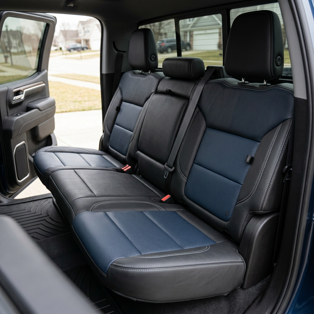  Rear in-cabin view of a 2019–2026 Chevrolet Silverado (New Body Style) with upgraded Leatherteck black leather rear bench seat featuring Atlantic blue perforated inserts and silver contrast stitching, shown with the rear door open and seatbelts visible.