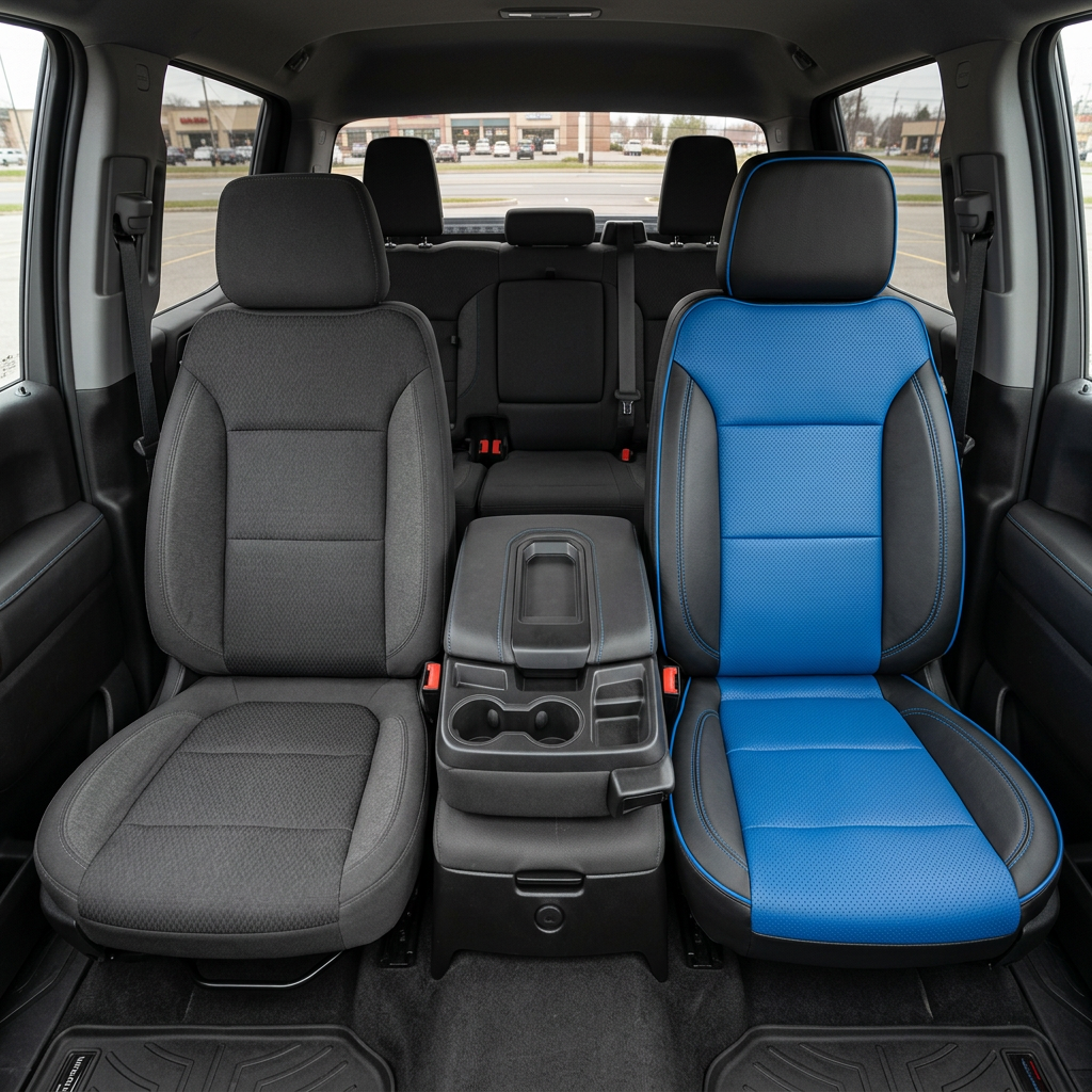  Before-and-after front in-cabin view of a 2019–2026 Chevrolet Silverado (New Body Style): the left front seat shows original dark cloth upholstery, while the right front seat is upgraded with Leatherteck black leather, Bermuda blue perforated inserts, and contrast stitching, shown beside the center console.

