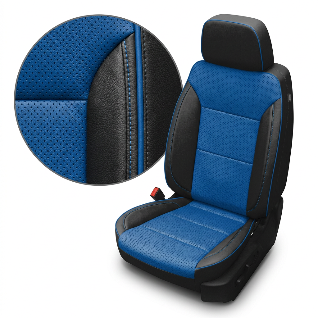 Close-up of a 2019–2026 Chevrolet Silverado (New Body Style) Leatherteck seat upholstery in black leather with Bermuda blue perforated inserts and contrast stitching, featuring an inset detail of the perforation pattern, leather grain, and blue-stitched seam.