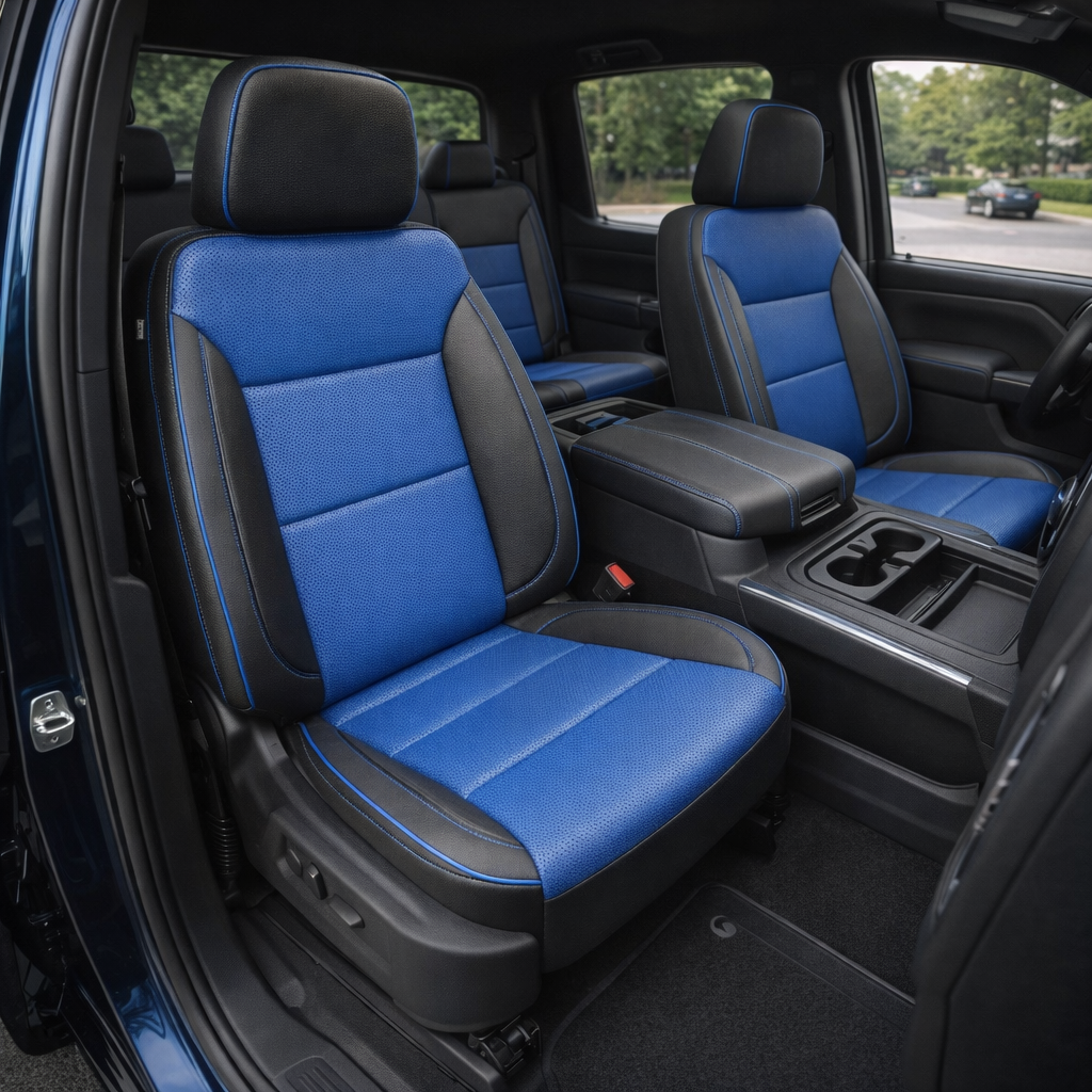 Front in-cabin view of a 2019–2026 Chevrolet Silverado (New Body Style) featuring upgraded Leatherteck front bucket seats in black leather with Bermuda blue perforated inserts and contrast stitching, shown with the center console, cupholders, and matching rear seating in the background.