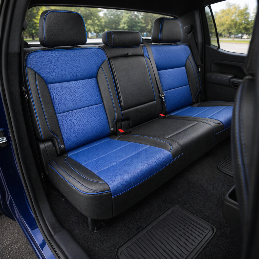  Rear in-cabin view of a 2019–2026 Chevrolet Silverado (New Body Style) with upgraded Leatherteck rear bench seat in black leather featuring Bermuda blue perforated inserts and contrast stitching, with headrests, seatbelts, and rear door panel visible.
