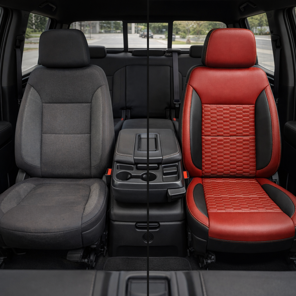  Before-and-after front in-cabin view of a 2019–2026 Chevrolet Silverado (New Body Style) split down the center: left shows the factory dark cloth front seat, while right shows a Leatherteck upgrade in black with cardinal red panels, platinum gray double hexagon-stitched inserts, and contrast stitching, with the center console/cupholders and rear bench seat visible in the background. 