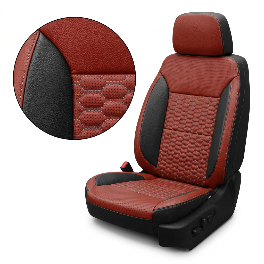 Close-up product image of a 2019–2026 Chevrolet Silverado (New Body Style) Leatherteck seat upholstery kit in black with cardinal red panels, featuring double hexagon-stitched center inserts with contrast stitching, and a circular zoom inset highlighting the leather grain, perforation, and stitched seam detail.