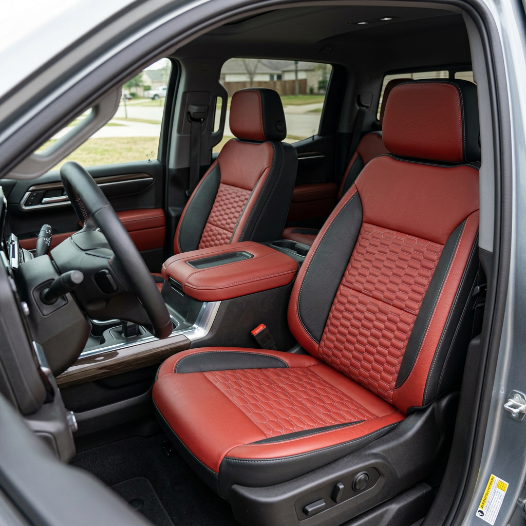  Front in-cabin view of a 2019–2026 Chevrolet Silverado (New Body Style) featuring a Leatherteck leather seat upholstery kit in black with cardinal red panels, platinum gray double hexagon-stitched center inserts, and contrast stitching, showing the driver and passenger seats, matching red center console/armrest, and the rear seat in the background.