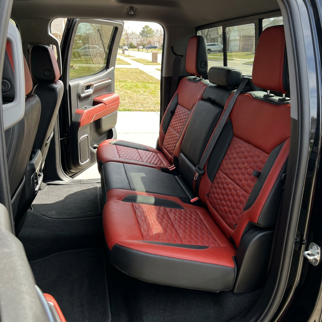 Rear in-cabin view of a 2019–2026 Chevrolet Silverado (New Body Style) featuring a Leatherteck rear bench seat upholstery kit in black with cardinal red panels, platinum gray double hexagon-stitched center inserts, and contrast stitching, showing three headrests, rear seatbelts and buckles, the rear door panel with matching red insert, and black carpeted floor mats.