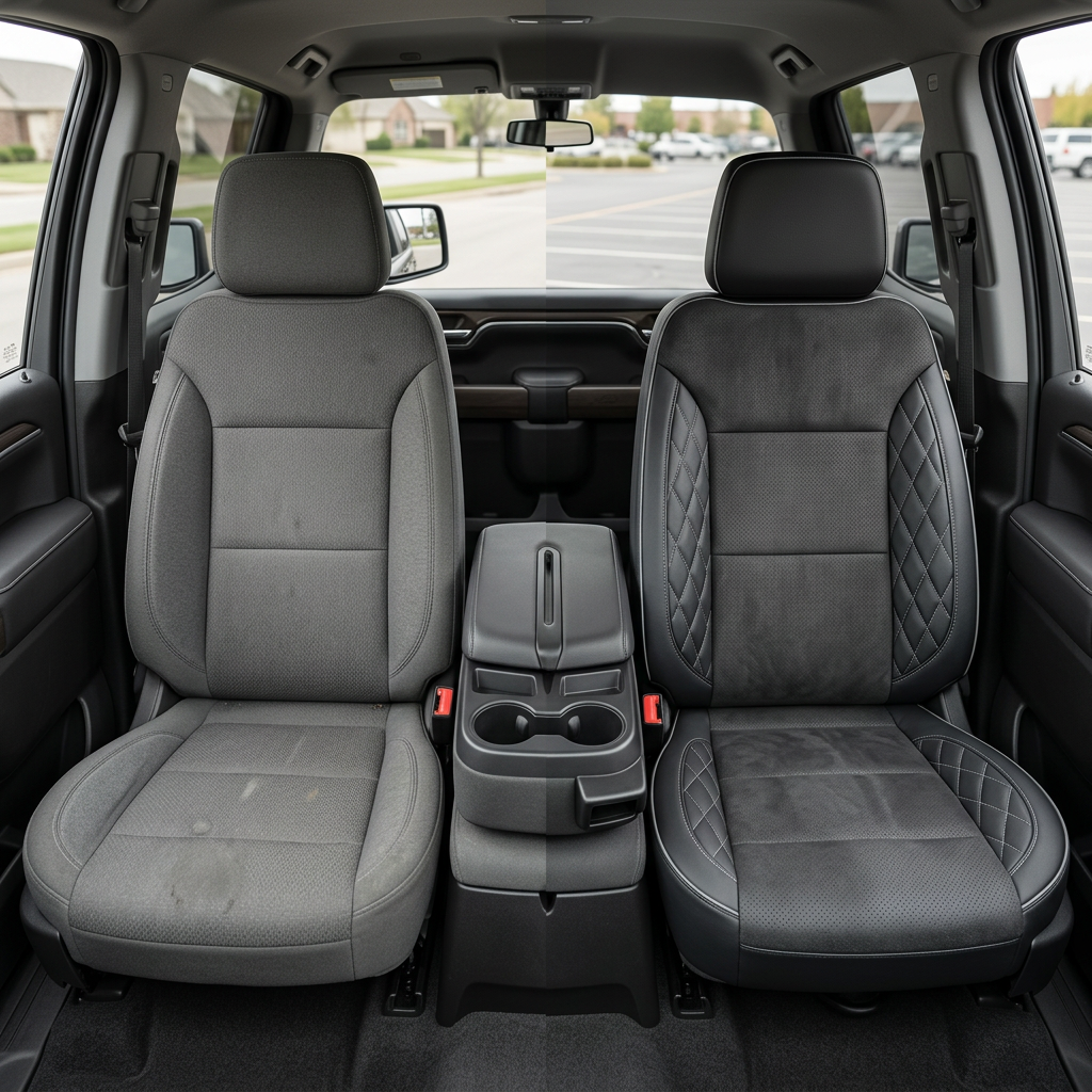  Before-and-after interior view of a 2019–2026 Chevrolet Silverado (New Body Style): left shows the factory gray cloth front seat, right shows upgraded Leatherteck upholstery in black leather with dark gray suede inserts and silver diamond-stitched accent panels, viewed from inside the cabin.