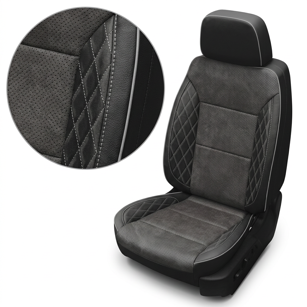 Close-up of the Leatherteck seat upholstery for a 2019–2026 Chevrolet Silverado (New Body Style) in black leather, showing dark gray suede center inserts, perforated panels, and silver diamond-stitched accent sections with contrast stitching on the seat and headrest.