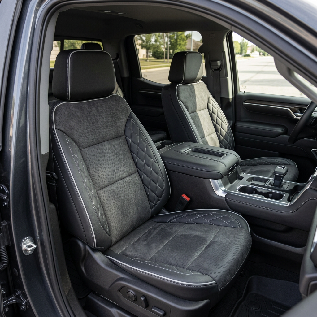  Front in-cabin view of a 2019–2026 Chevrolet Silverado (New Body Style) with Leatherteck seat upholstery in black leather, featuring dark gray suede center inserts and silver diamond-stitched accent panels with contrast stitching on the front bucket seats and headrests.